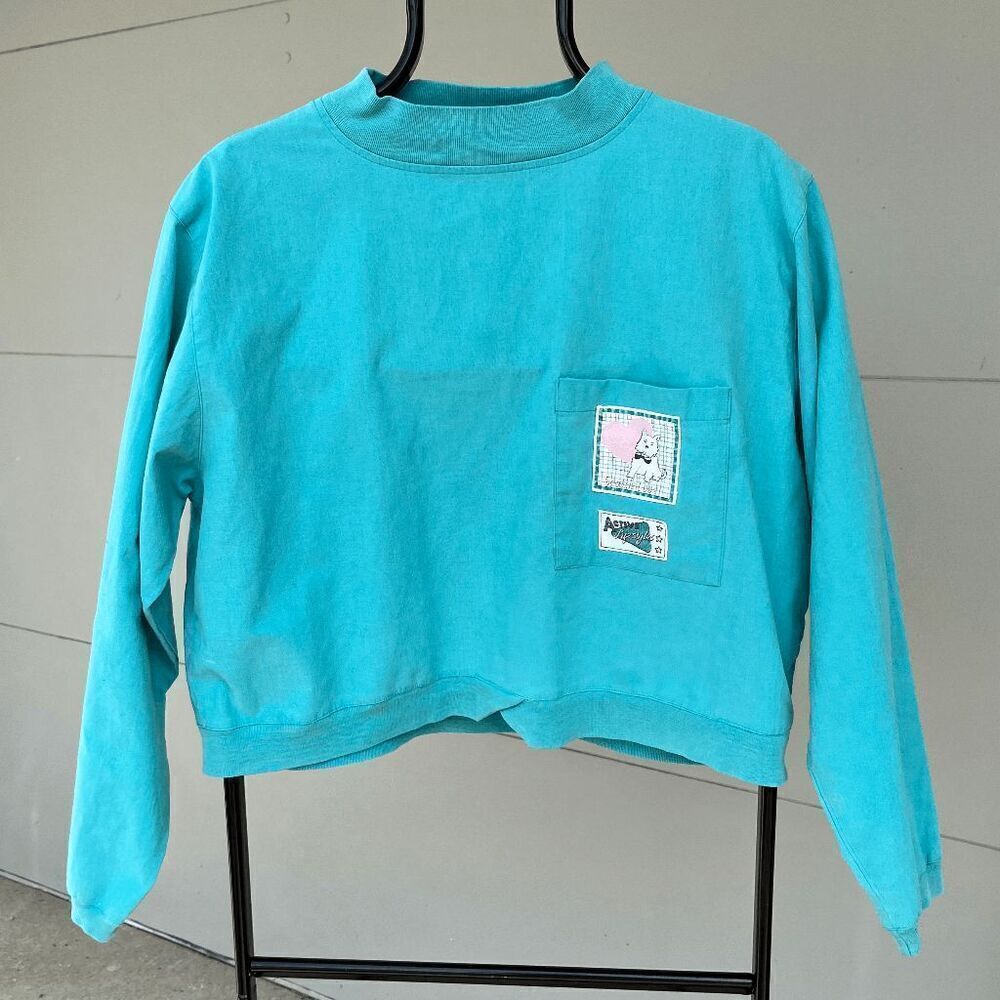 Vintage 90s Gitano Scottie Dog Cropped Shirt Teal M Y2K Kidcore Cute